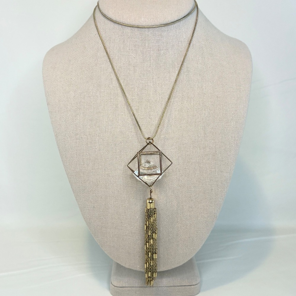 Necklace Long Gold Tone Geometric Cage Faceted Crystal Tassel Pendant